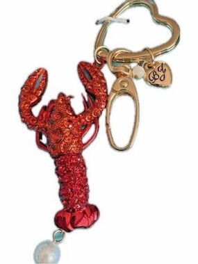 Betsey Johnson Red Crystal Lobster Keychain with Pearl Charm